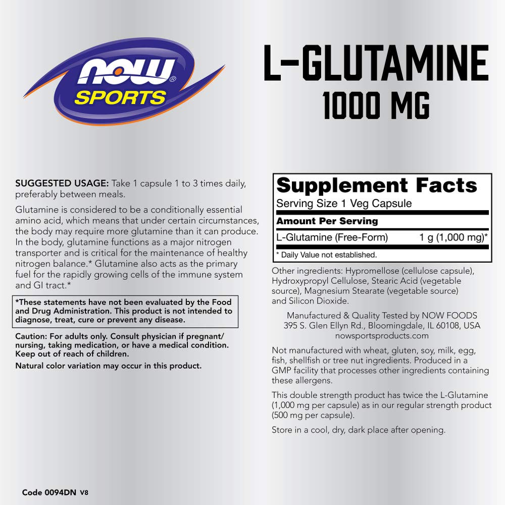 NOW Foods L-Glutamine 1000 mg Capsule, 120 Capsules