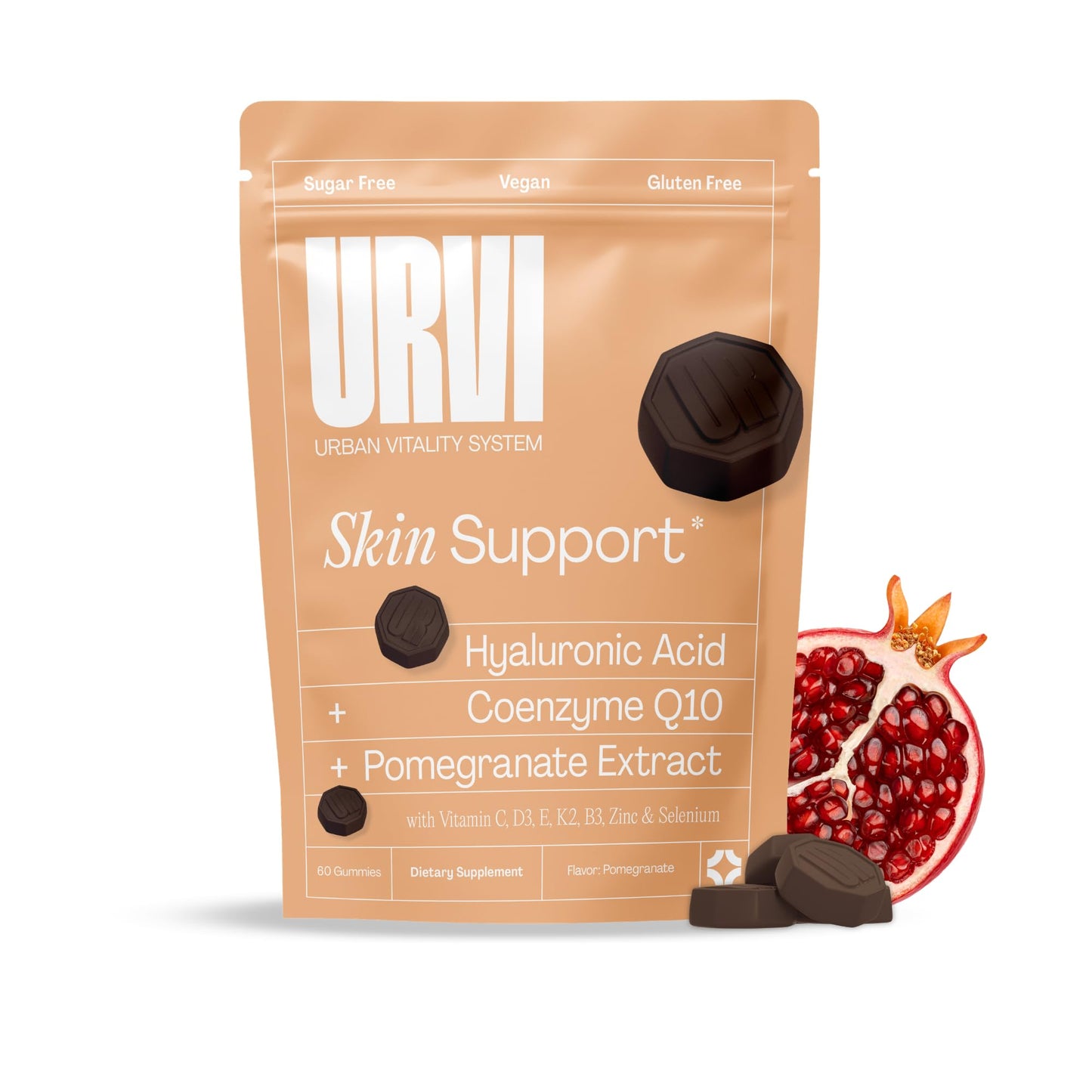 URVI 10-in-1 Skin Gummies CoQ10 Hyaluronic Acid Pomegranate Extract 60 Count