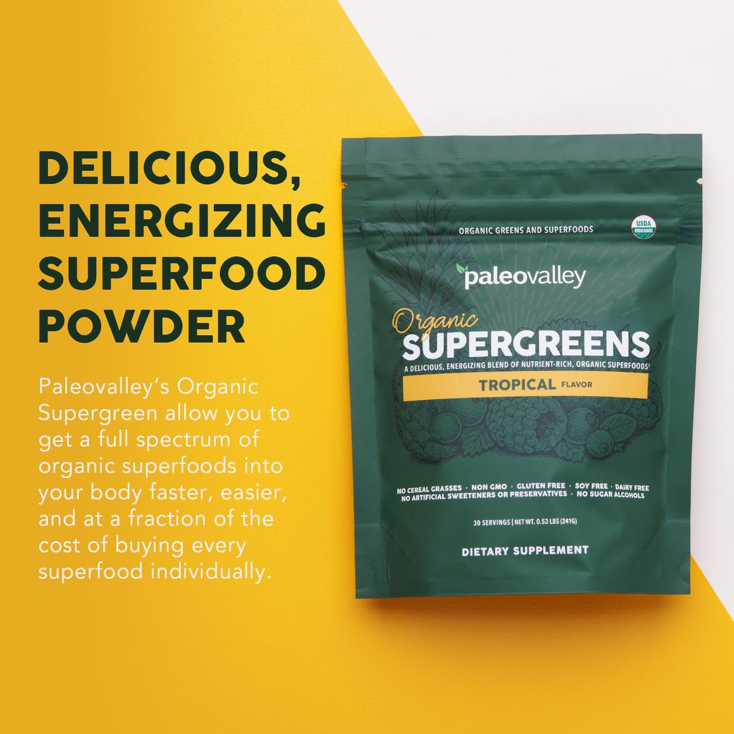Paleovalley Organic Supergreens Powder with 23 Superfoods Tropical, 8.48 Ounce