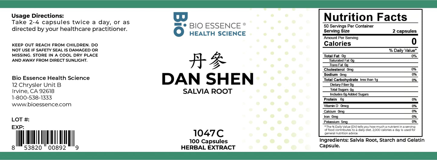 Bio Essence Health Science 1047C Dan Shen (Chinese Salvia) Extract 5:1 Ratio Capsules, 100 Count