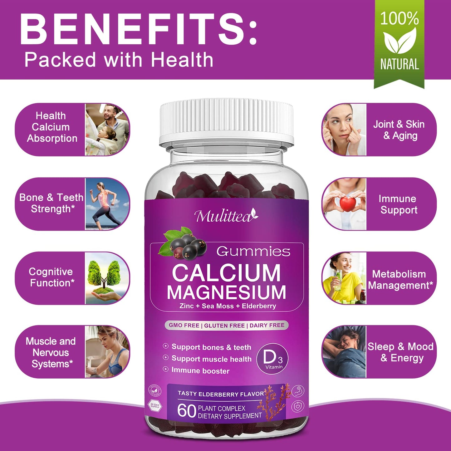 Mulittea Calcium Magnesium Zinc Gummies with High Absorption Magnesium Glycinate 200mg, Potassium, Plant Calcium w/ D3 & Sea Moss for Bone, Muscles, Calm Mood & Sleep Support - 180 Gummies