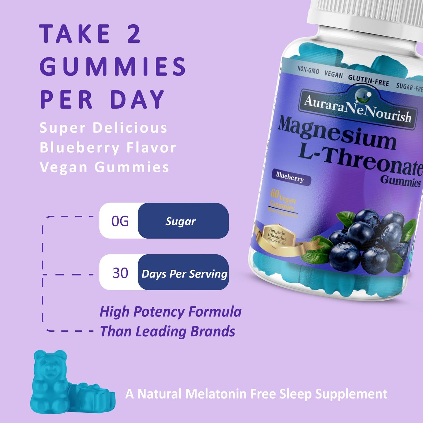AuraraNeNourish Magnesium L-Threonate Gummies with Apigenin L-Theanine, 60 Count