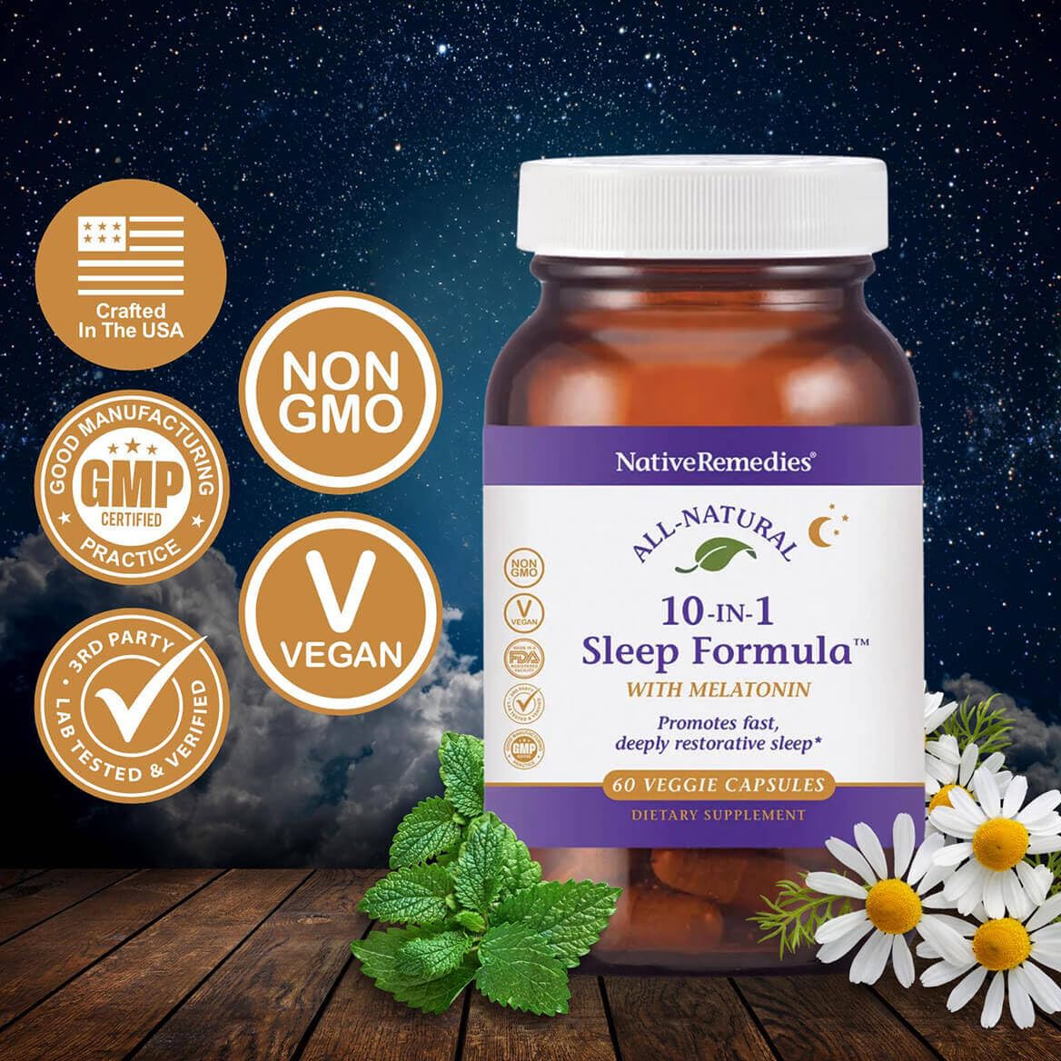 Native Remedies 10-in-1 Natural Sleep Aid for Adults & Kids 4+ - Herbal Capsule, 60 Count
