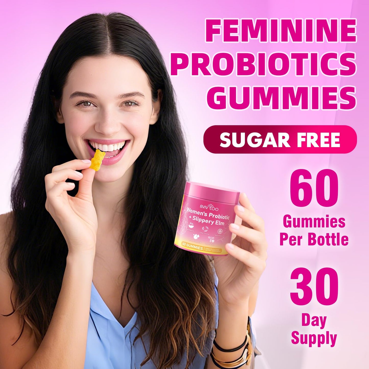 BVIVLOO Women's Probiotic Slippery Elm Gummies, 60 Count
