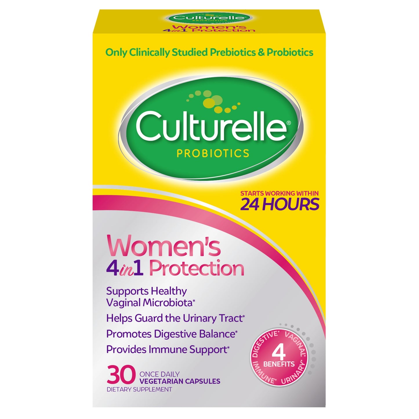 Culturelle Probiotics for Women with Prebiotics - 4-in-1 for Vaginal, Digestive, Urinary & Immune Health - pH Balance, Bloating & Gas Relief - Daily Vegetarian Capsules, Non-GMO, 30 Count