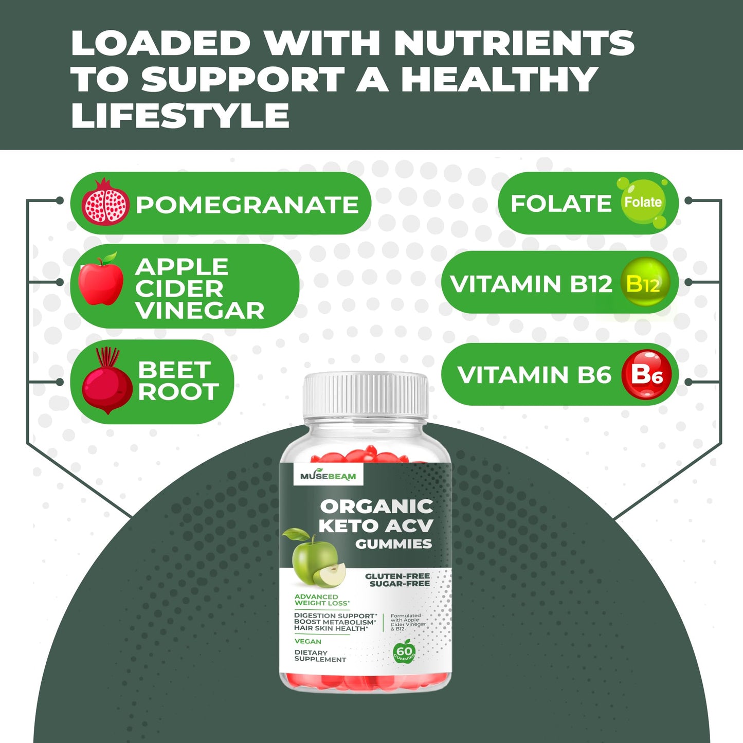 Musebeam Organic Keto ACV Gummies Advanced Weight Loss - Gluten & Sugar Free Belly Fat Burner Apple Cider Vinegar Diet Supplement for Women and Men (1000mg) 60 Gummies
