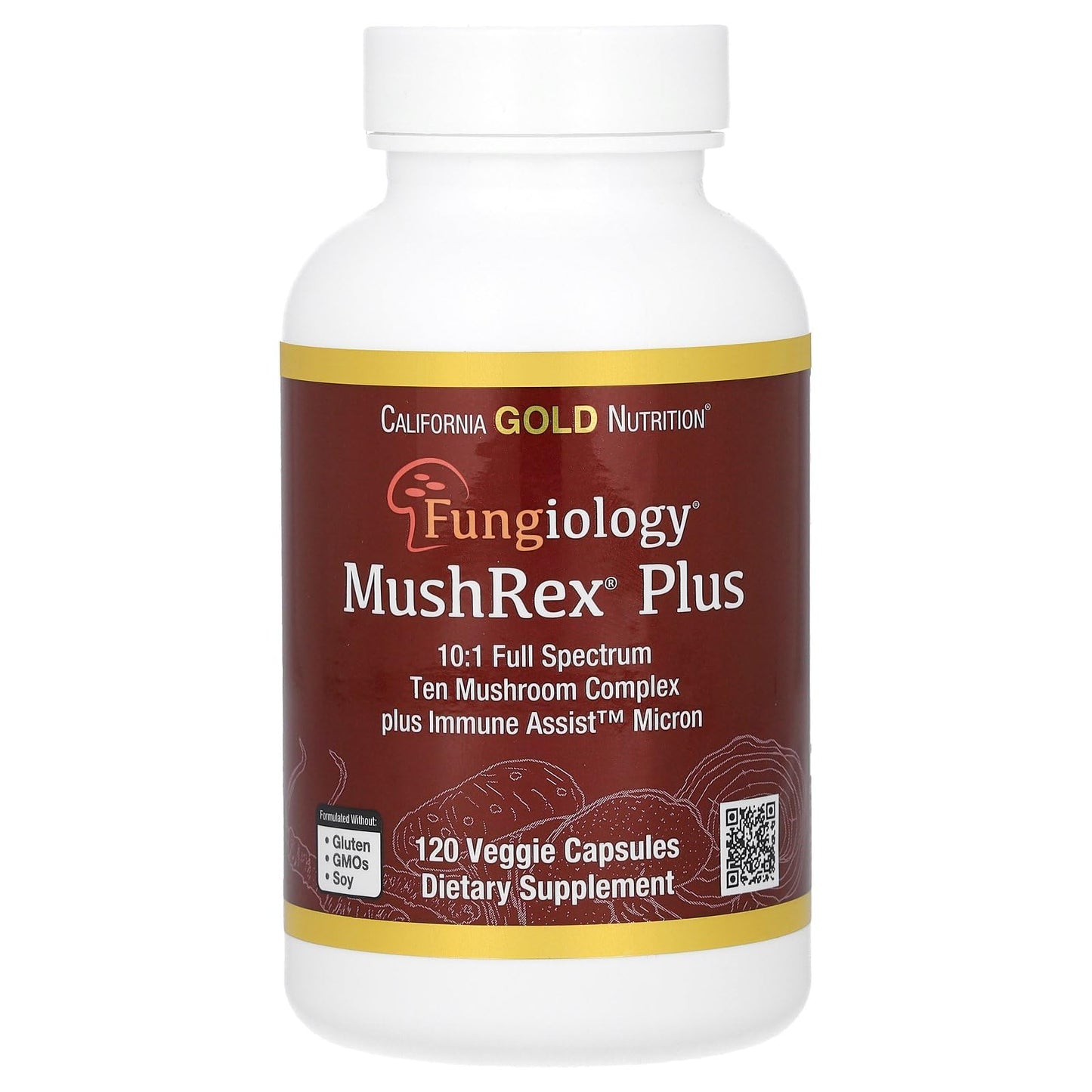 California Gold Nutrition Fungiology MushRex Plus, Full-Spectrum Ten Mushroom Complex with Agaricus, Chaga, Cordyceps, and Lion's Mane, Powder, 120 Plantcaps