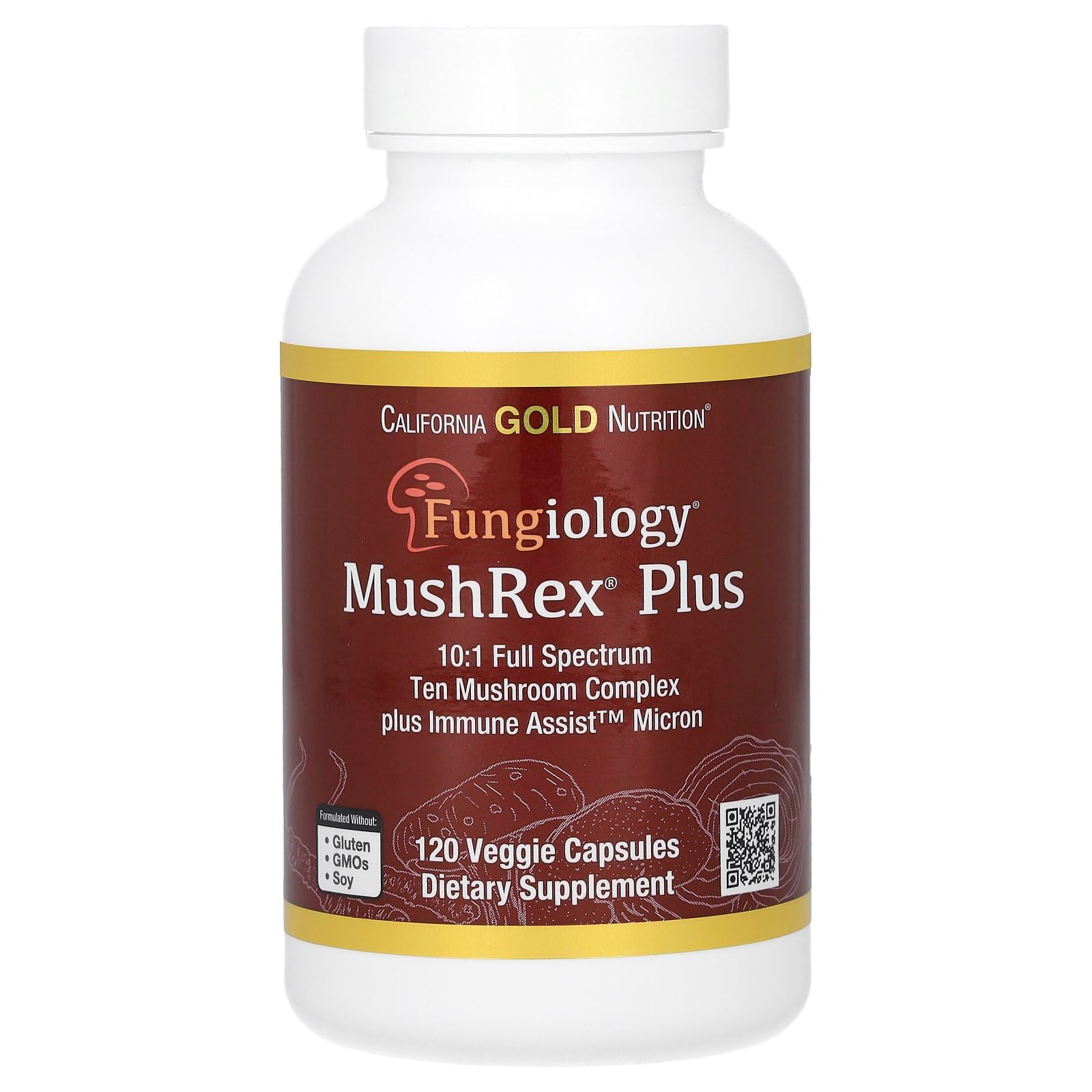 California Gold Nutrition Fungiology MushRex Plus, Full-Spectrum Ten Mushroom Complex with Agaricus, Chaga, Cordyceps, and Lion's Mane, Powder, 120 Plantcaps
