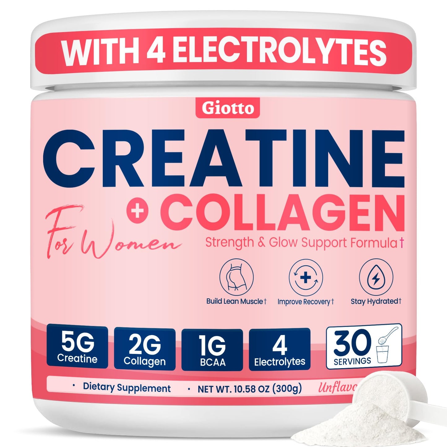 Giotto Creatine Powder for Women – Unflavored, 10.6 oz, 5g Creatine, Collagen, BCAAs & Electrolytes