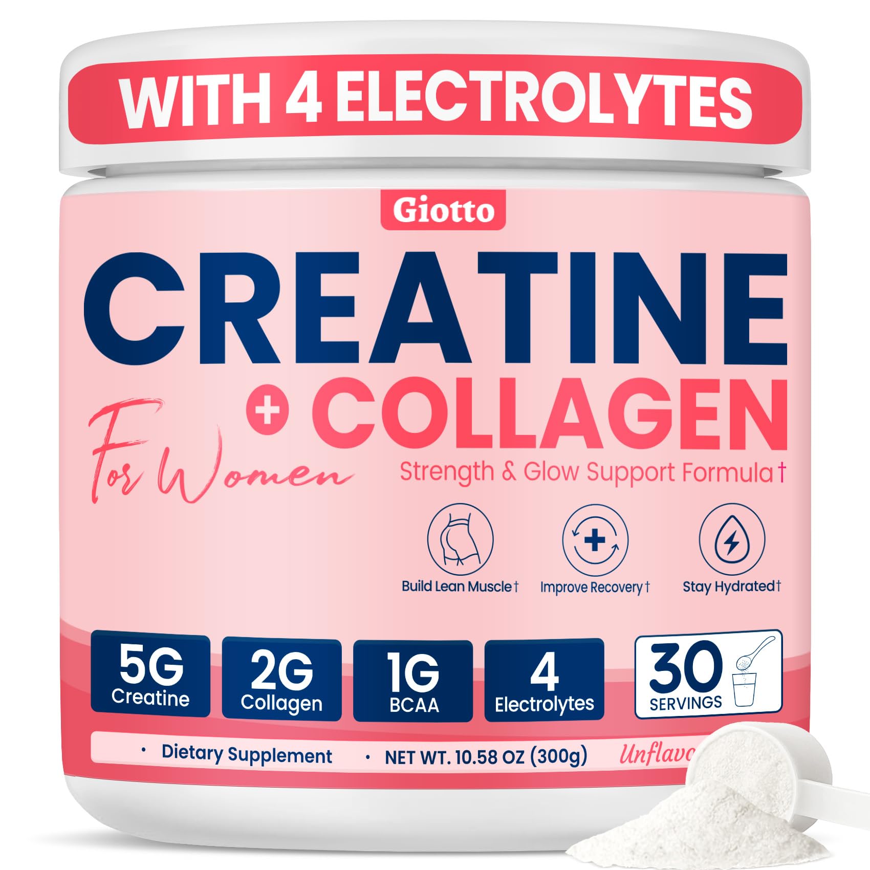 Giotto Creatine Powder for Women – Unflavored, 10.6 oz, 5g Creatine, Collagen, BCAAs & Electrolytes