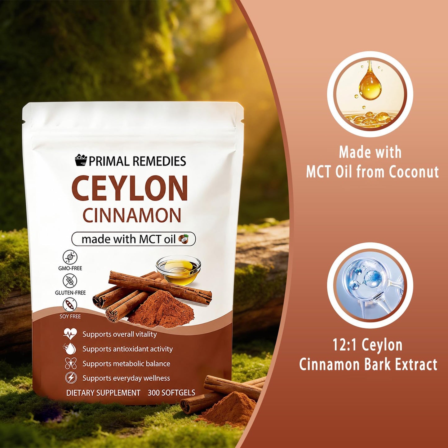Adjustable Ceylon Cinnamon Made with MCT Oil Softgels, 300 Count