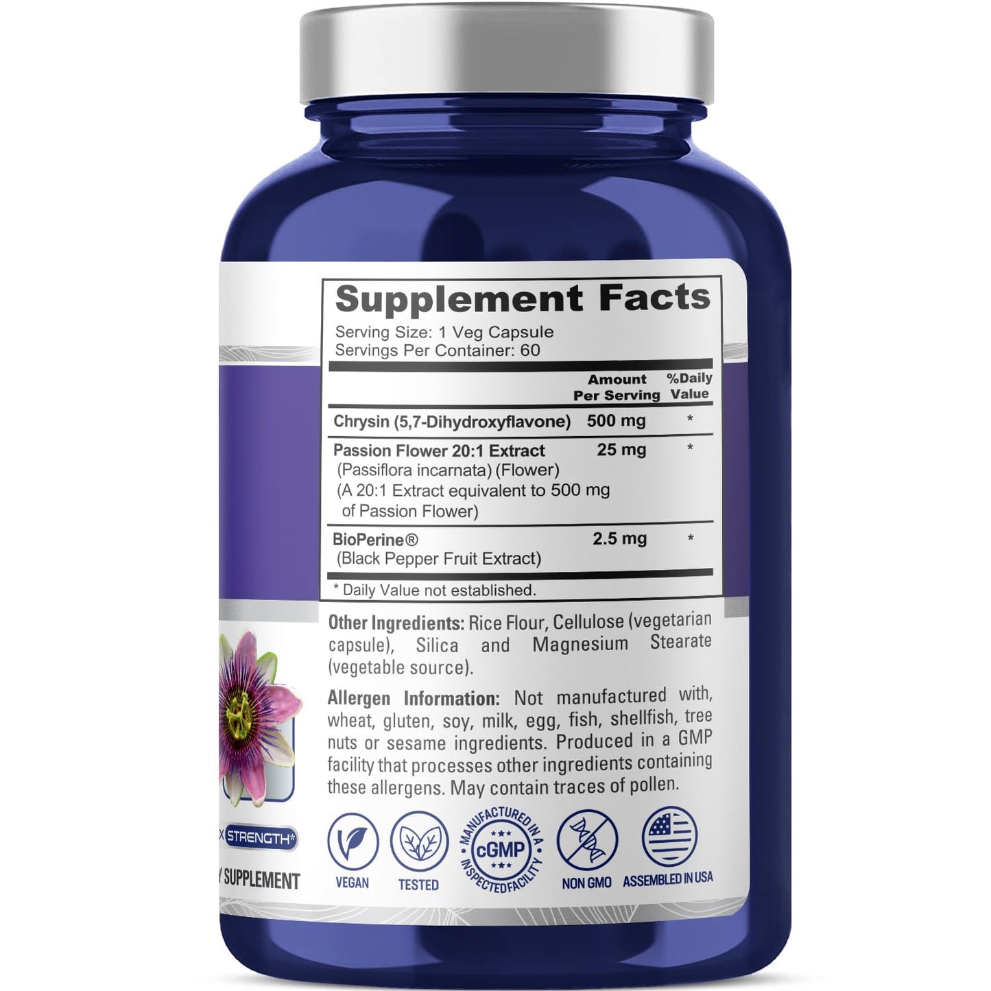 NusaPure Chrysin 500mg Passion Flower Complex Capsules, 120 Veggie Capsules