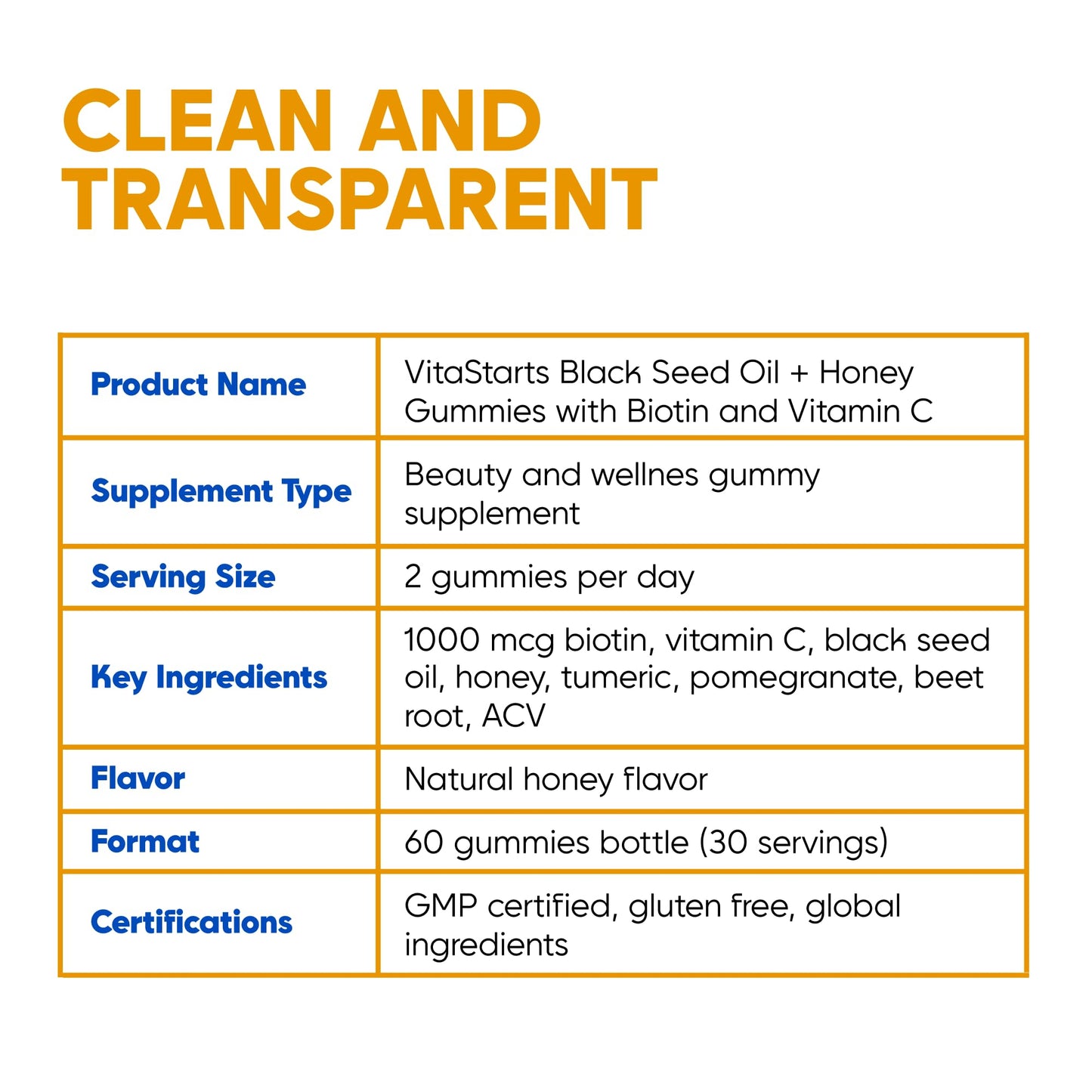 Vitastars Black Seed Oil & Honey Gummies with Black Cumin Seed Oil, Vitamin C, Turmeric & Biotin, Immune Support, 60 Gummies