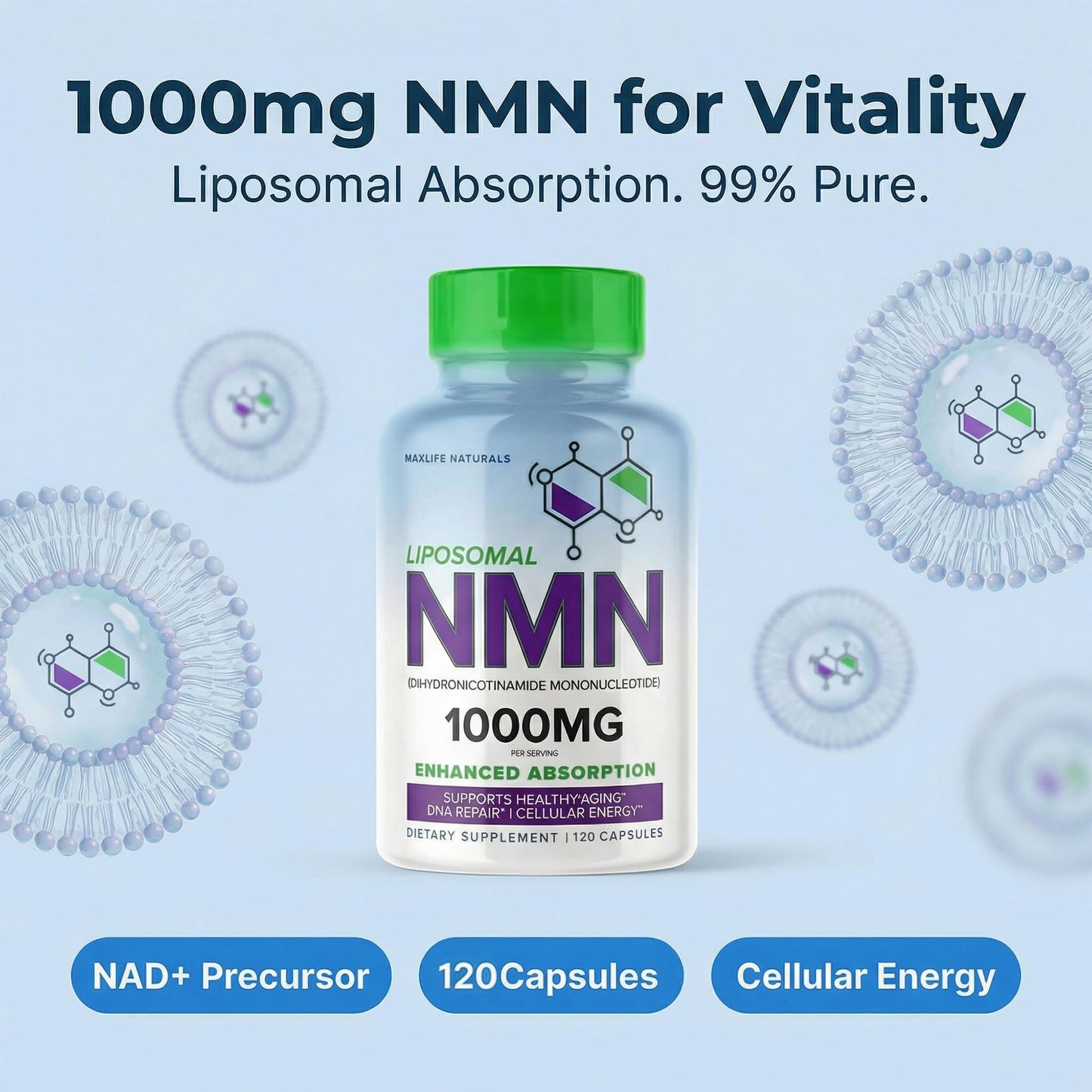 MAXLIFE NATURALS Liposomal NMN 1000mg Nicotinamide Mononucleotide Supplement Capsules, 120 Count