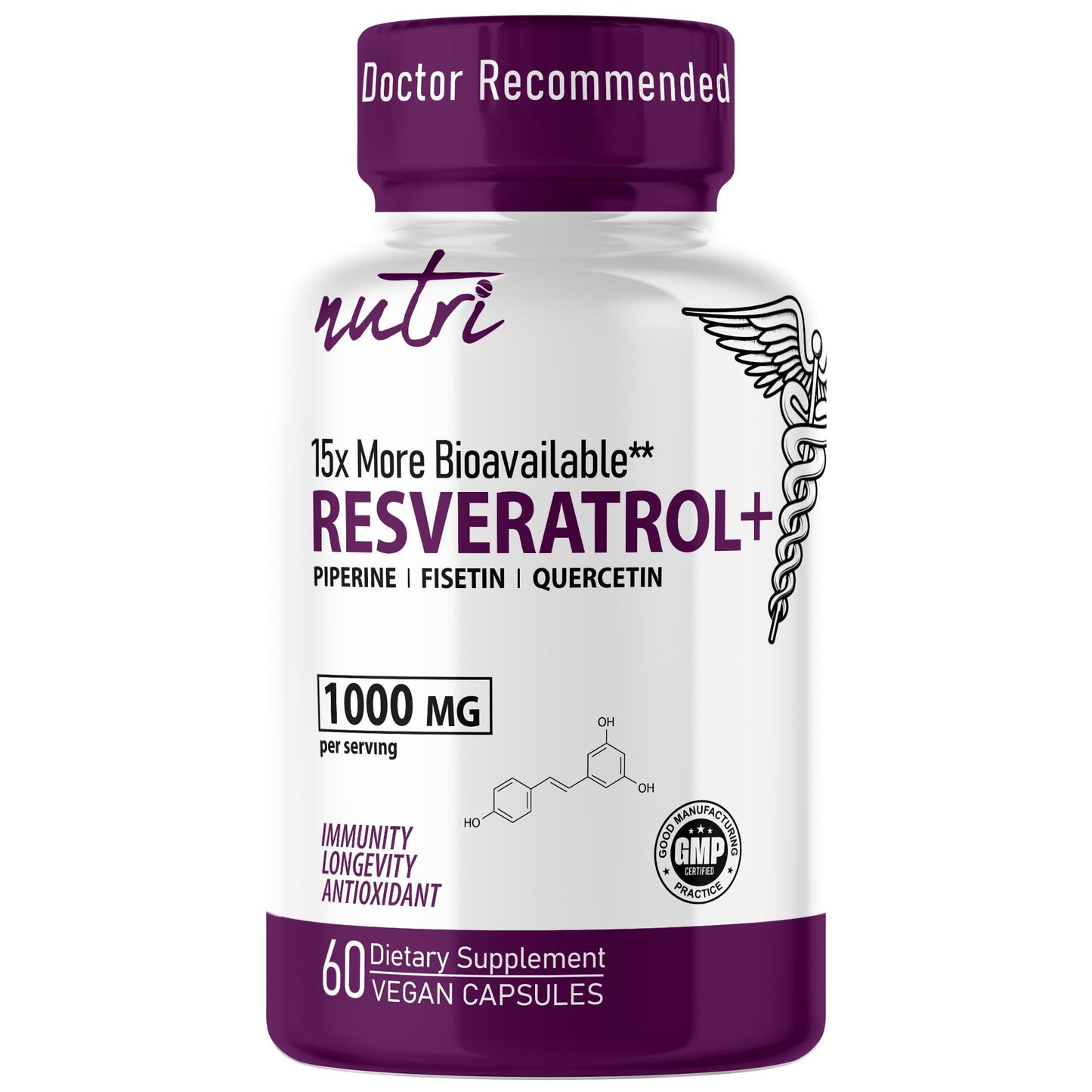 Nature's Fusions Nutri Resveratrol Supplement 1000mg Ultra High Purity Trans-Resveratrol - 15x More Bioavailable with Liposomal Quercetin and Fisetin - Antioxidant, Longevity, Organic Piperine 60 Vegan Capsules