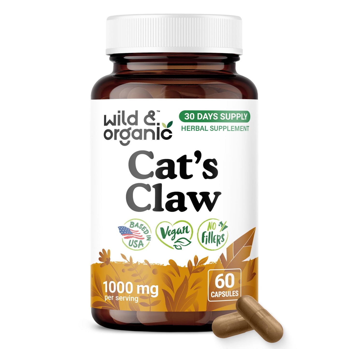 Wild & Organic Cat's Claw Herbal Supplement Capsules, 60 Count