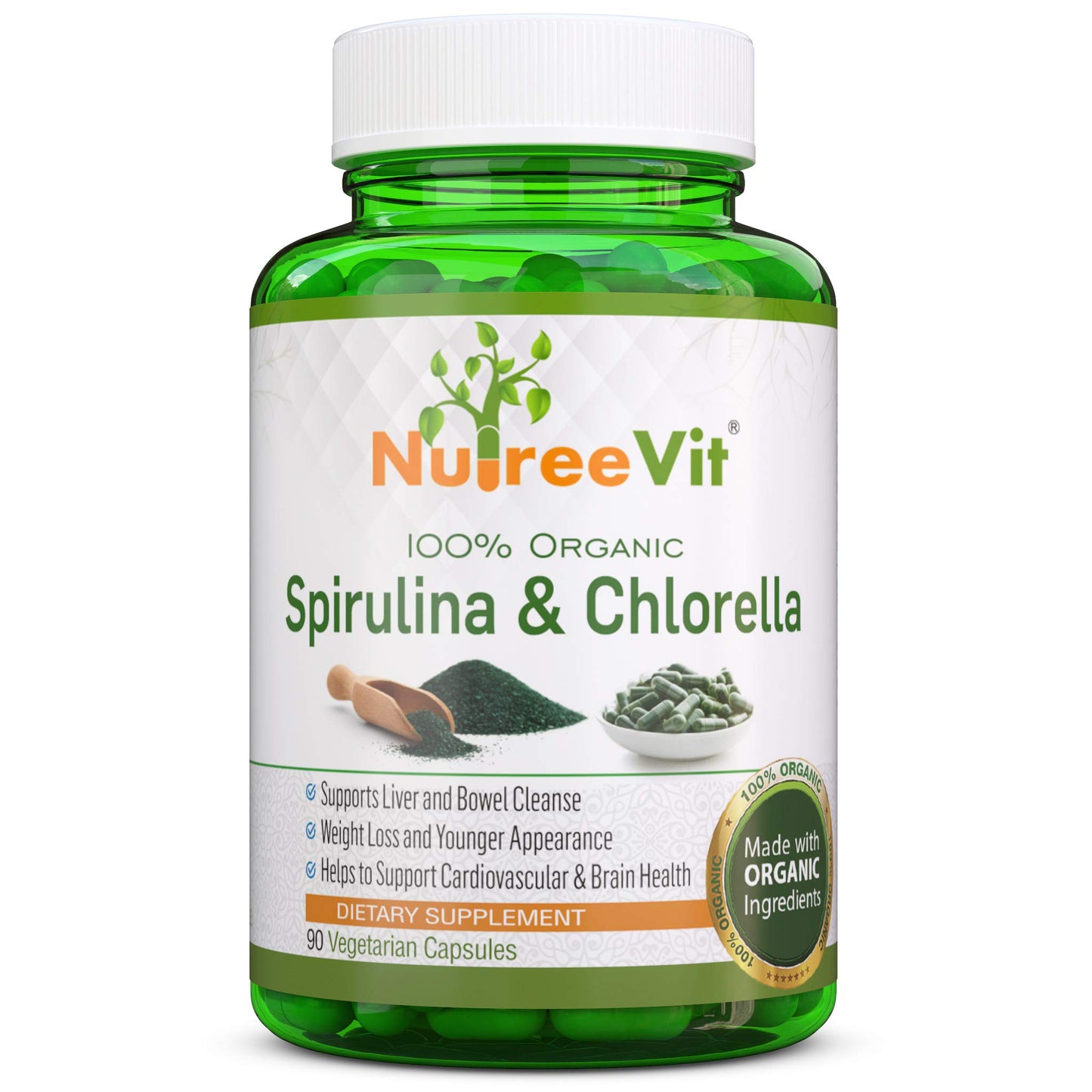 NutreeVit Pure Organic Spirulina & Chlorella Extract Veggie Capsules (500mg), 1 Capsule