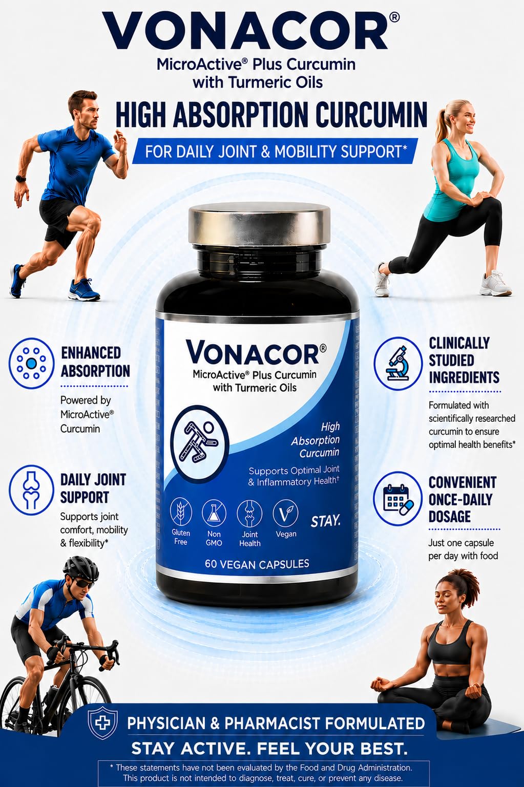 Vonacor Highly Absorbable MicroActive Curcumin with Turmeric Oil Extract 500mg for Optimal Joint Health Capsules, 60 Count