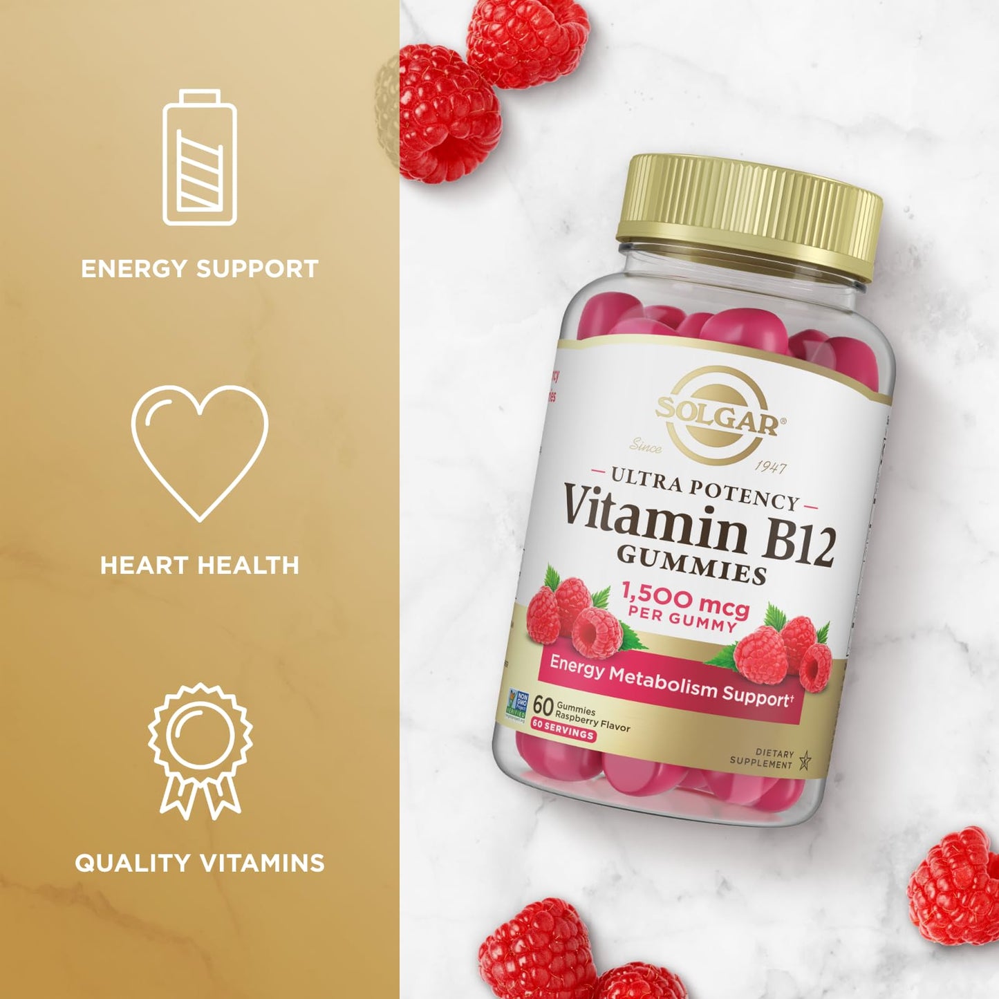 Solgar Methyl B12 Gummies 1,500mcg Ultra Potency Vitamin for Energy & Metabolism Support, Raspberry Flavor, Vegan & Gluten-Free, 60 Gummies