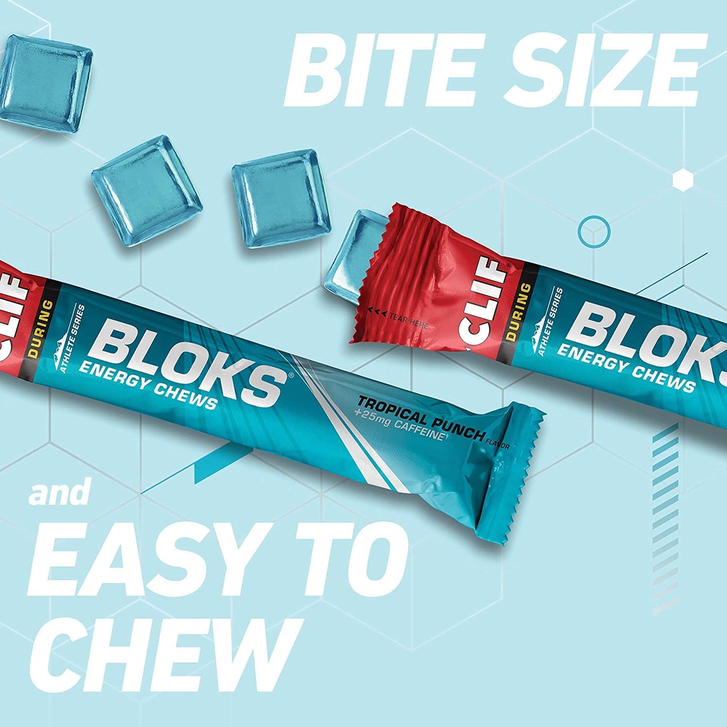 UUX CLIF BLOKS Energy Chews Tropical Punch with 25 mg Caffeine, Non-GMO, Plant-Based, Fast Fuel for Cycling and Running, Chewable, 6.3 oz (Pack of 3)