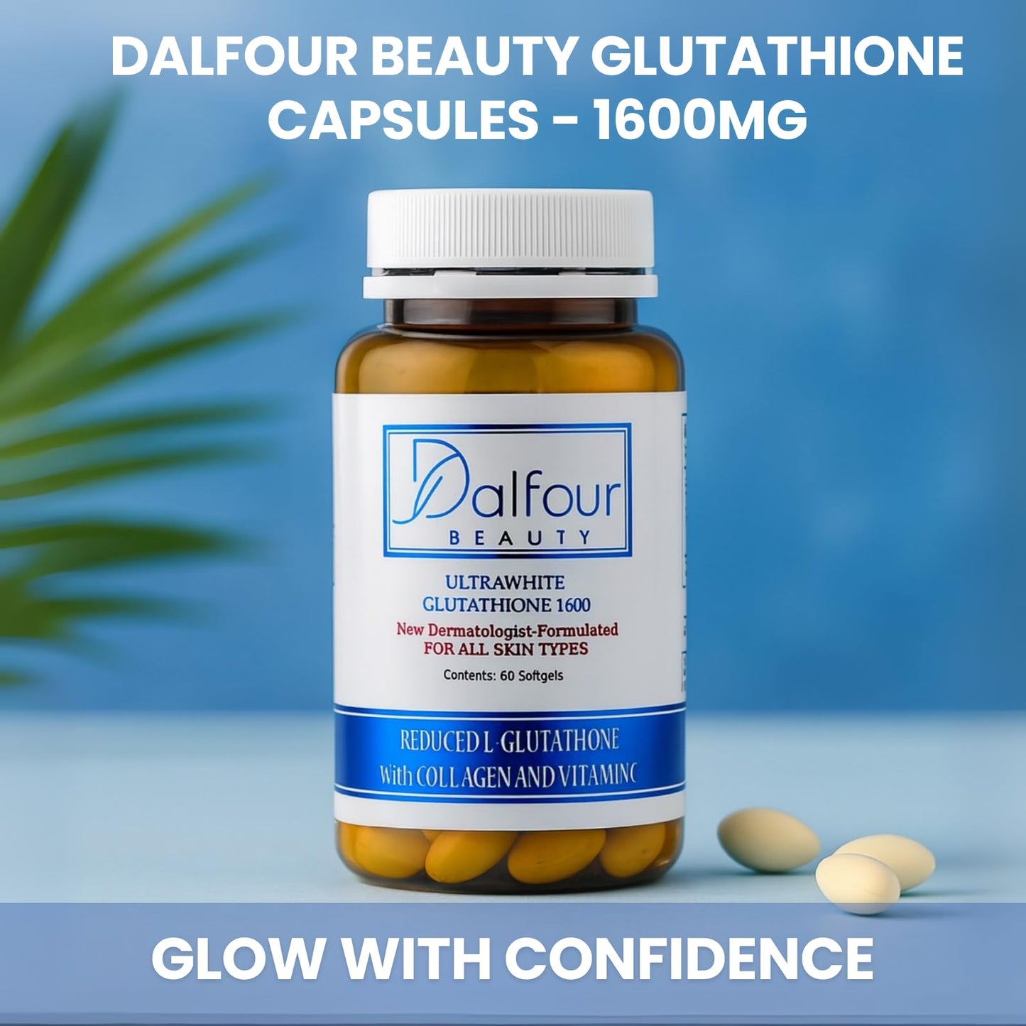 Dalfour Beauty Ultra Glutathione Capsules With Hydrolyzed Collagen & Vitamin C – 1600mg Reduced L-Glutathione Per Serving, 30 Capsules