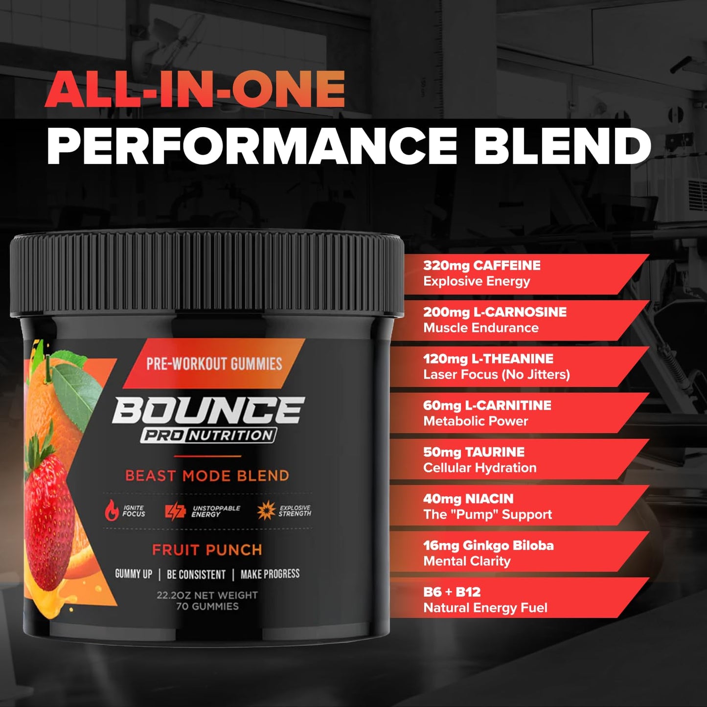 Bounce Pro Pre Beast Mode Workout Gummies with Caffeine, Beta-Alanine & L-Tyrosine for Energy, Focus & Training Intensity, 70 Gummies