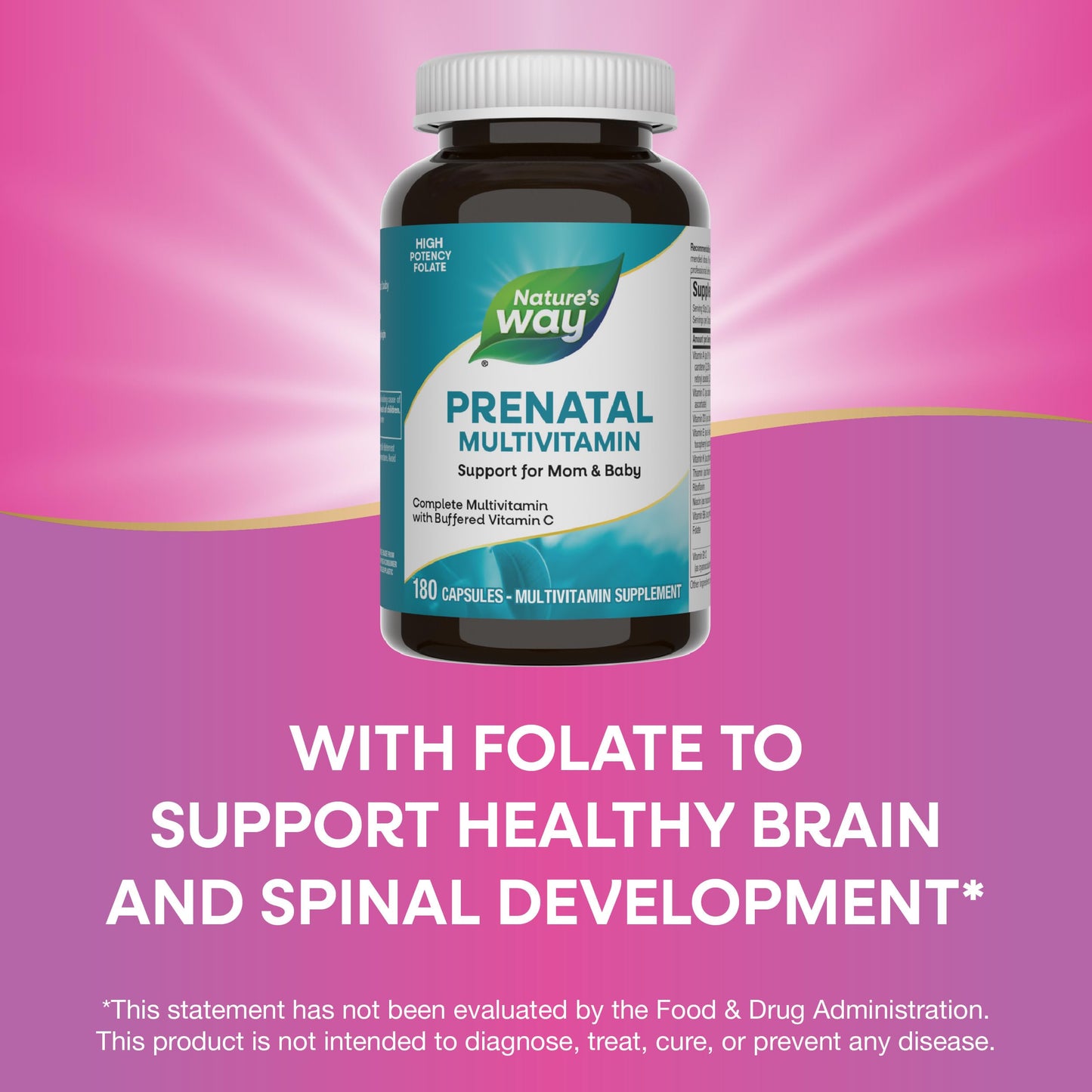 Nature's Way Prenatal Multivitamin with Folate for Healthy Brain and Spinal Development, Buffered Vitamin C, B-Vitamins, 180 Capsules
