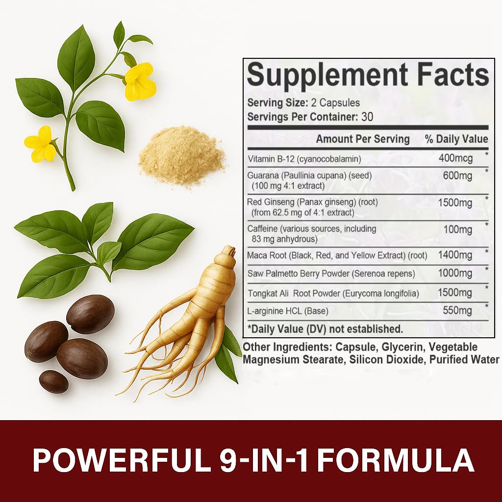 LOMSIR Extreme Energy Softgels, Energy Supplement with Red Ginseng, Maca and Saw Palmetto & Vitamin B12, Everyday Energy Support for Men and Women, 60 Softgels