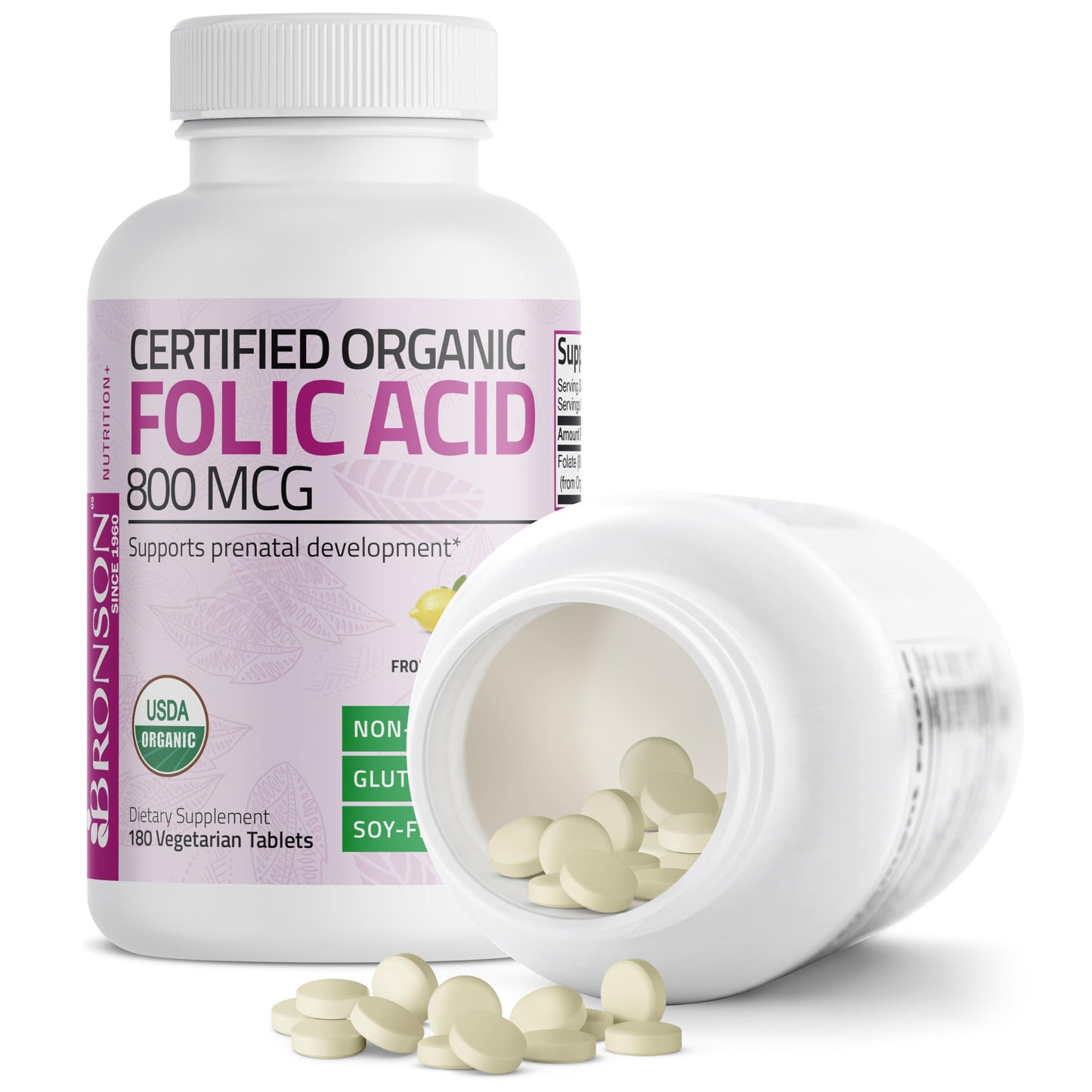Bronson Organic Folic Acid (Vitamin B9 Folate) 800 mcg Folate from Lemon Peel Tablets, 180 Tablets