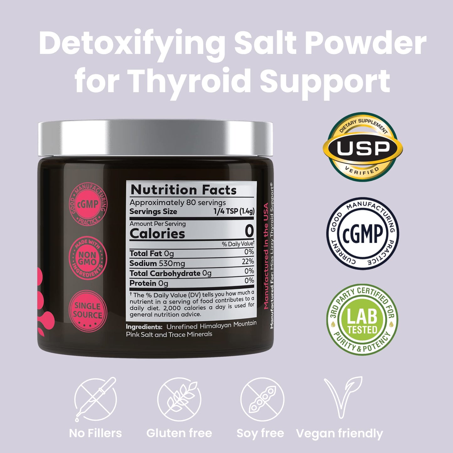 Miss Lizzy Thyroid Support HaloDetox Pink Salt Powder with 80 Minerals - 4 oz