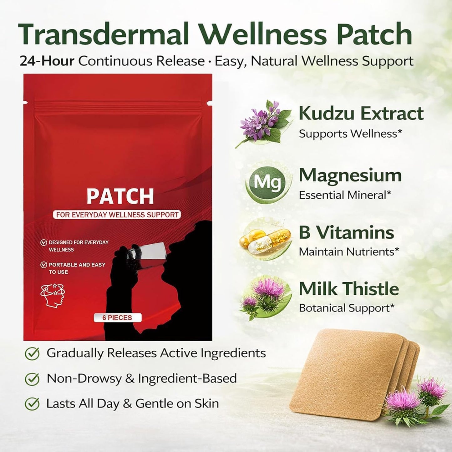 Kunnozz Soberra Patches, Transdermal Wellness Patch with Kudzu Extract, Magnesium, B Vitamins & Milk Thistle Capsule, 12 Capsules