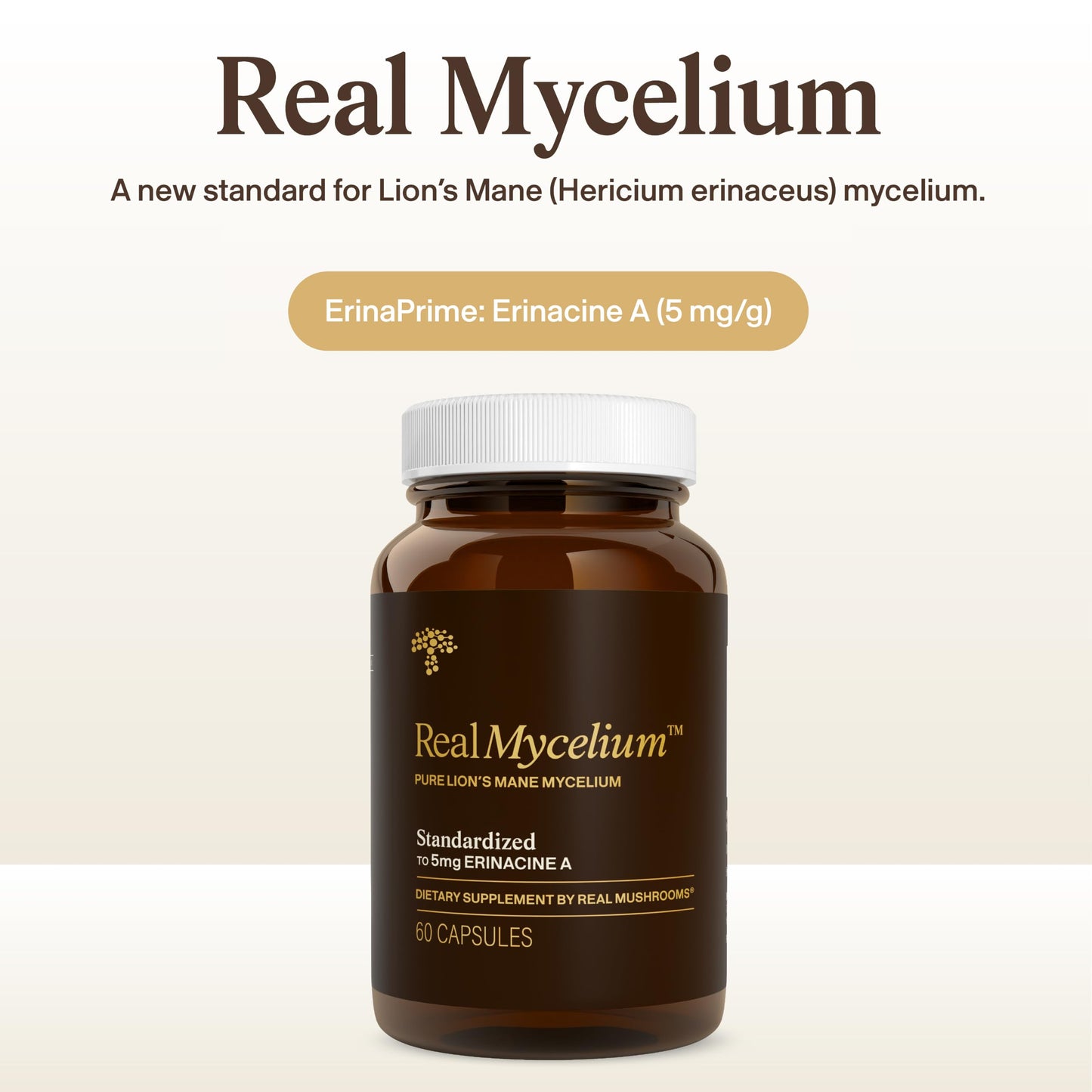 Real Mushrooms Real Mycelium Lion’s Mane Mycelium Capsules with 5mg Erinacine A (ErinaPrime) – Focus, Memory & Mental Clarity – 60 Capsules