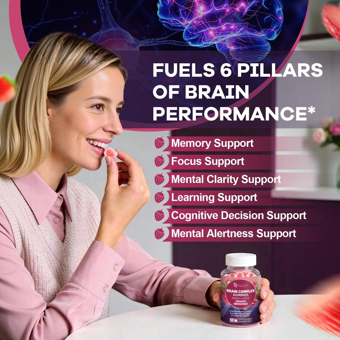 Migcopat Brain Supplements for Memory & Focus – Nootropic Gummies, 60 Count