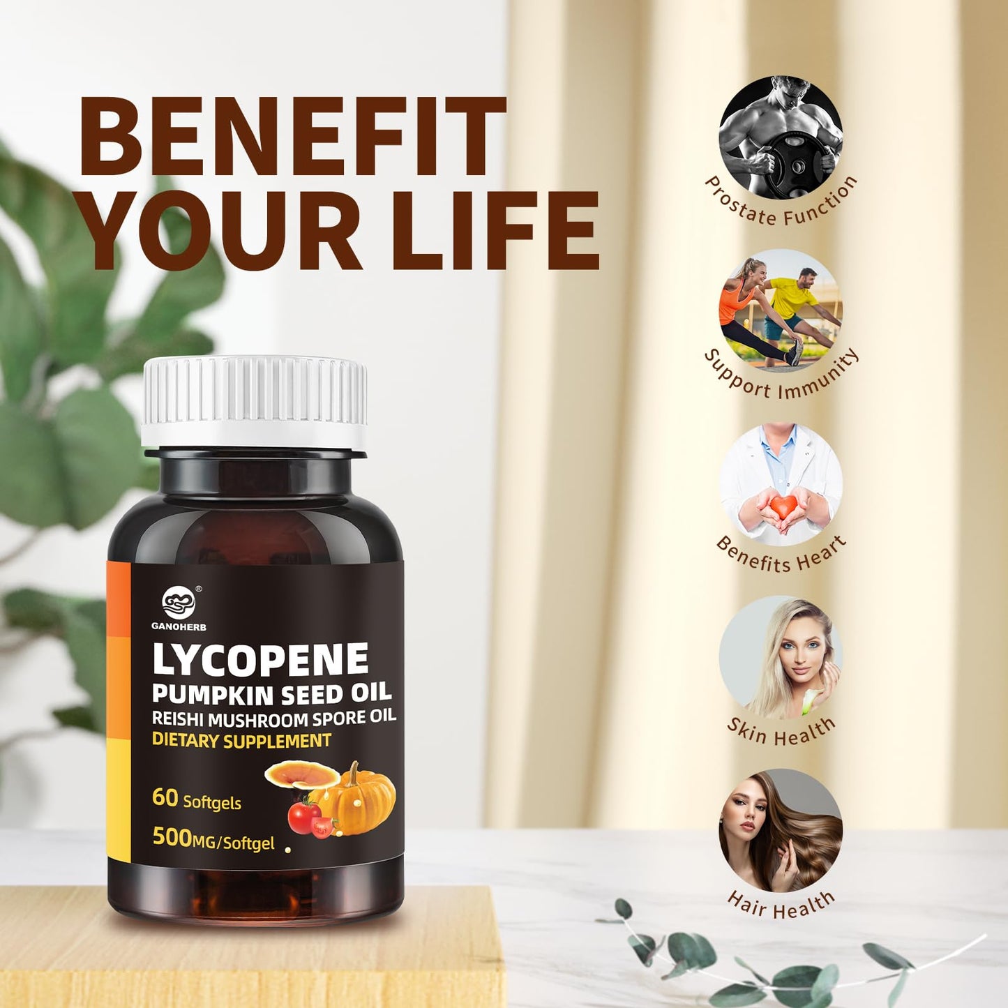 GANOHERB Pumpkin Seed Oil Lycopene Supplement, Cold Pressed Pumpkin Seed 3 in 1 Hair Growth Supplement with Reishi Mushroom Spore Oil for Urinary and Prostate Health, 60 Capsules
