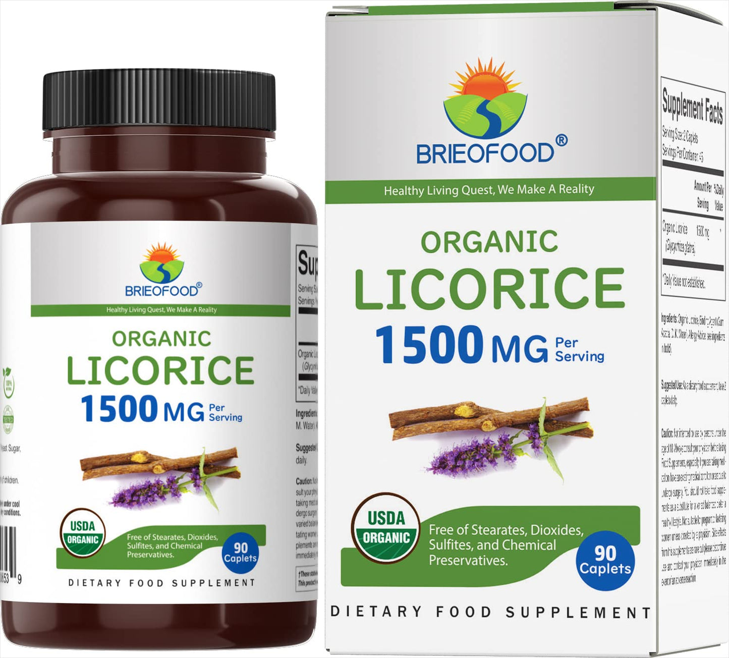 Brieofood Organic Licorice 1500mg Tablets, 90 Count