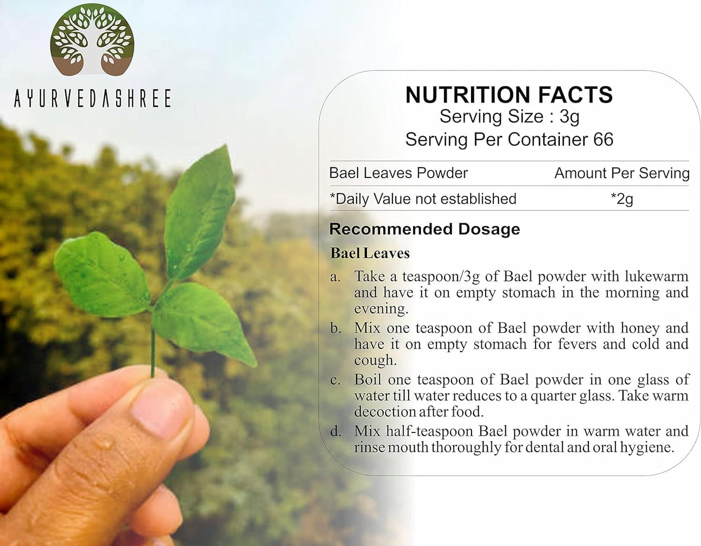 AYURVEDASHREE Bilva Powder - Bael Leaves Powder - Aegle marmelos, Powder, 3.53 Ounce