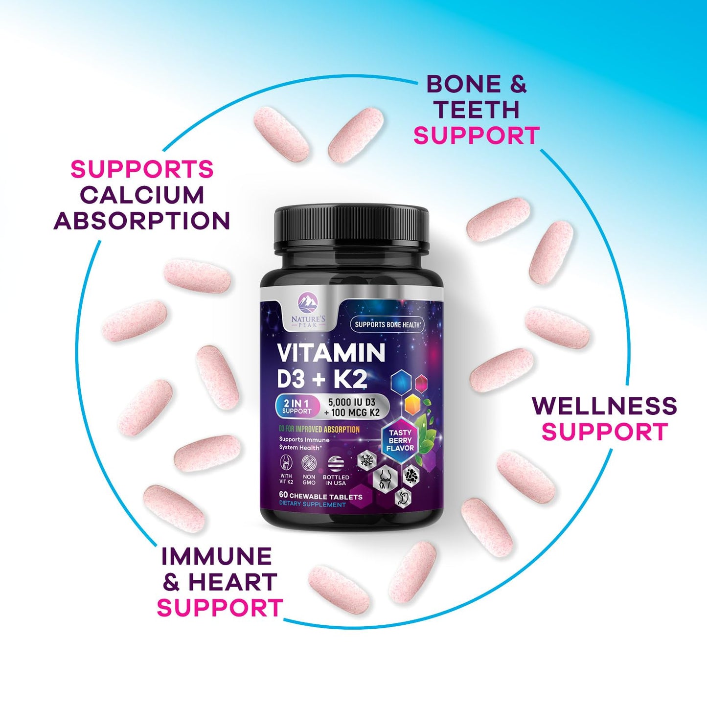 Nature's Peak Vitamin D3 K2 Tablet 5000 IU D3 & 100 mcg K2 MK-7 per Serving, 60 Count