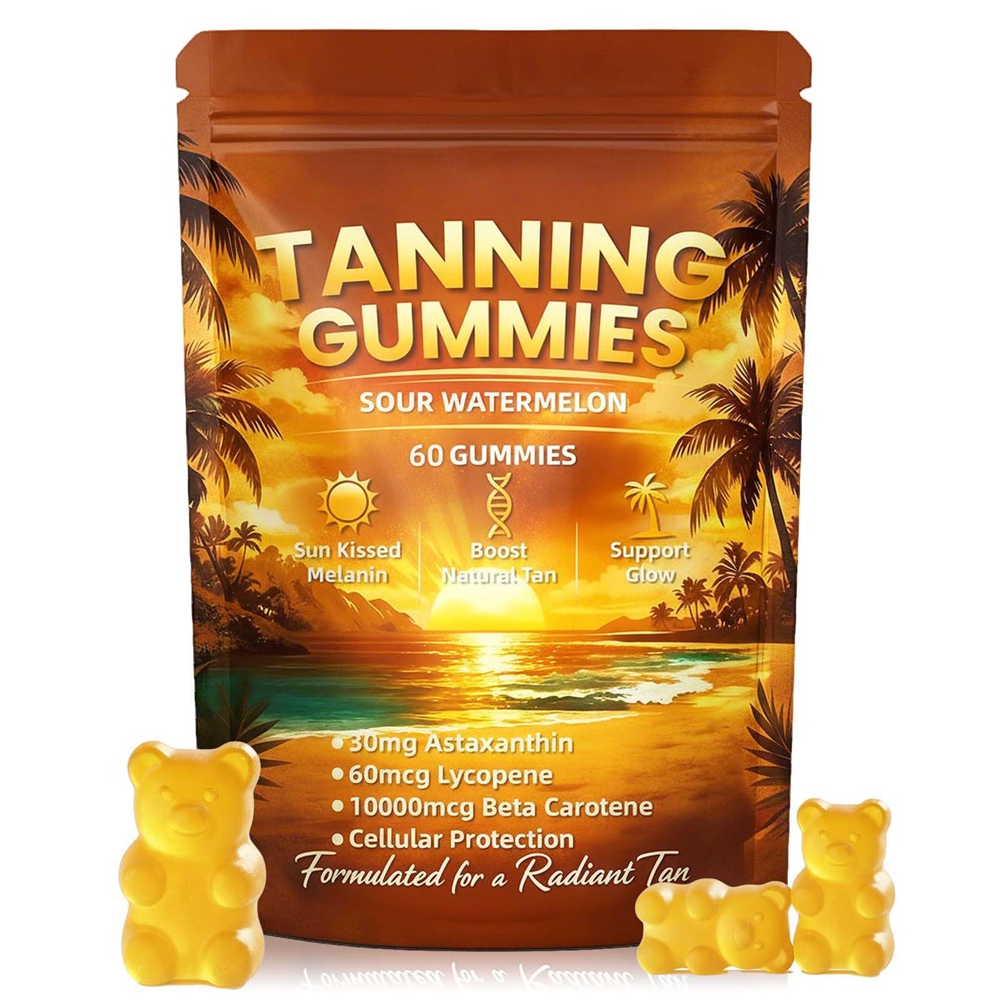 Voluglow Tanning Gummies with Vitamin C & E, Astaxanthin, Beta Carotene, Supports Skin Health, Gentle for Various Skin Types, 60 Gummies