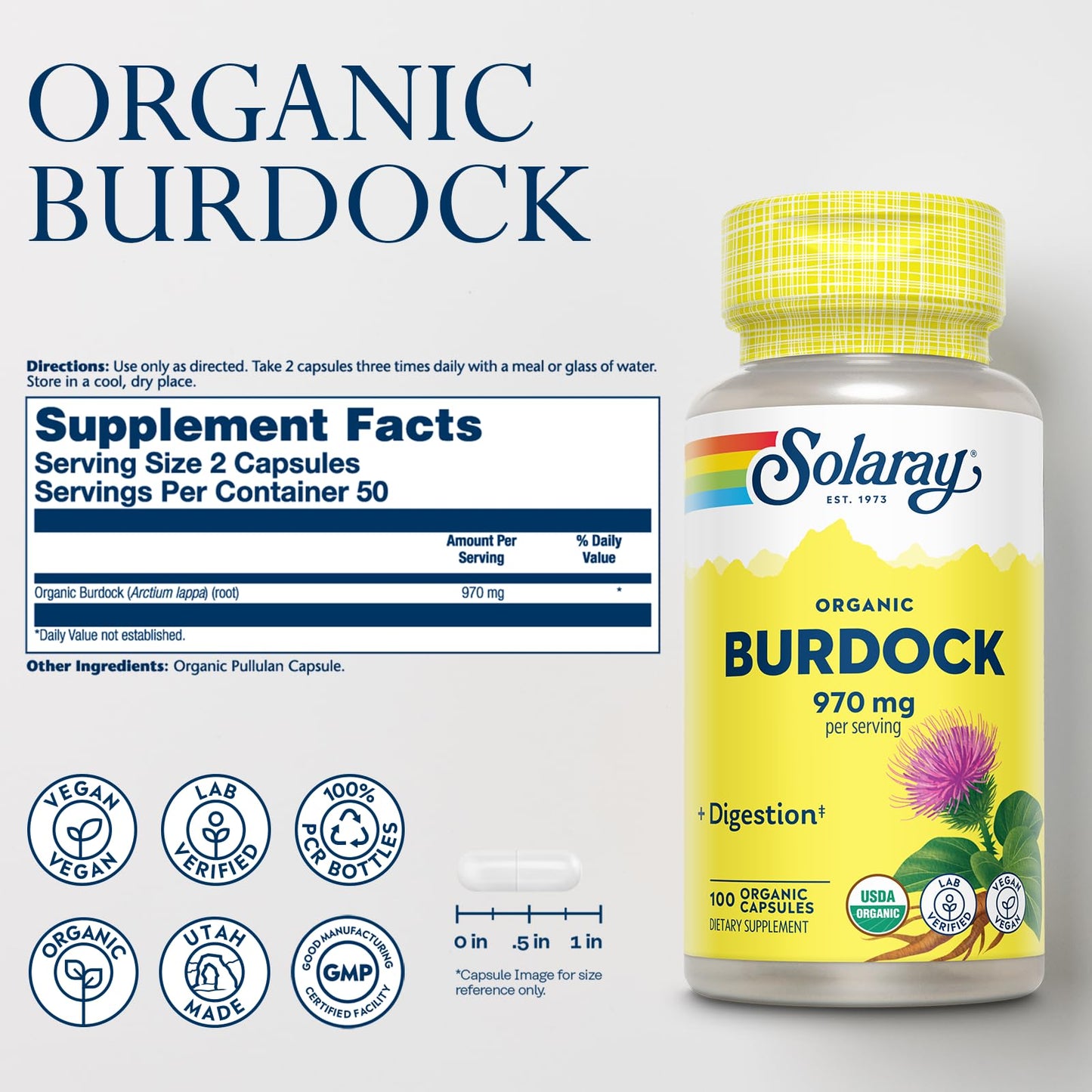 Solaray Organic Burdock Root 970 mg Veg Caps 100 Count