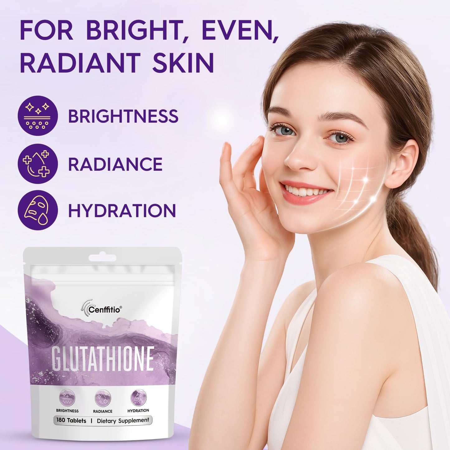 Cenffitio Glutathione Supplement – Skin Brightening Formula with Vitamin C, Niacinamide, Collagen & Hyaluronic Acid – Tablet, 180 Count