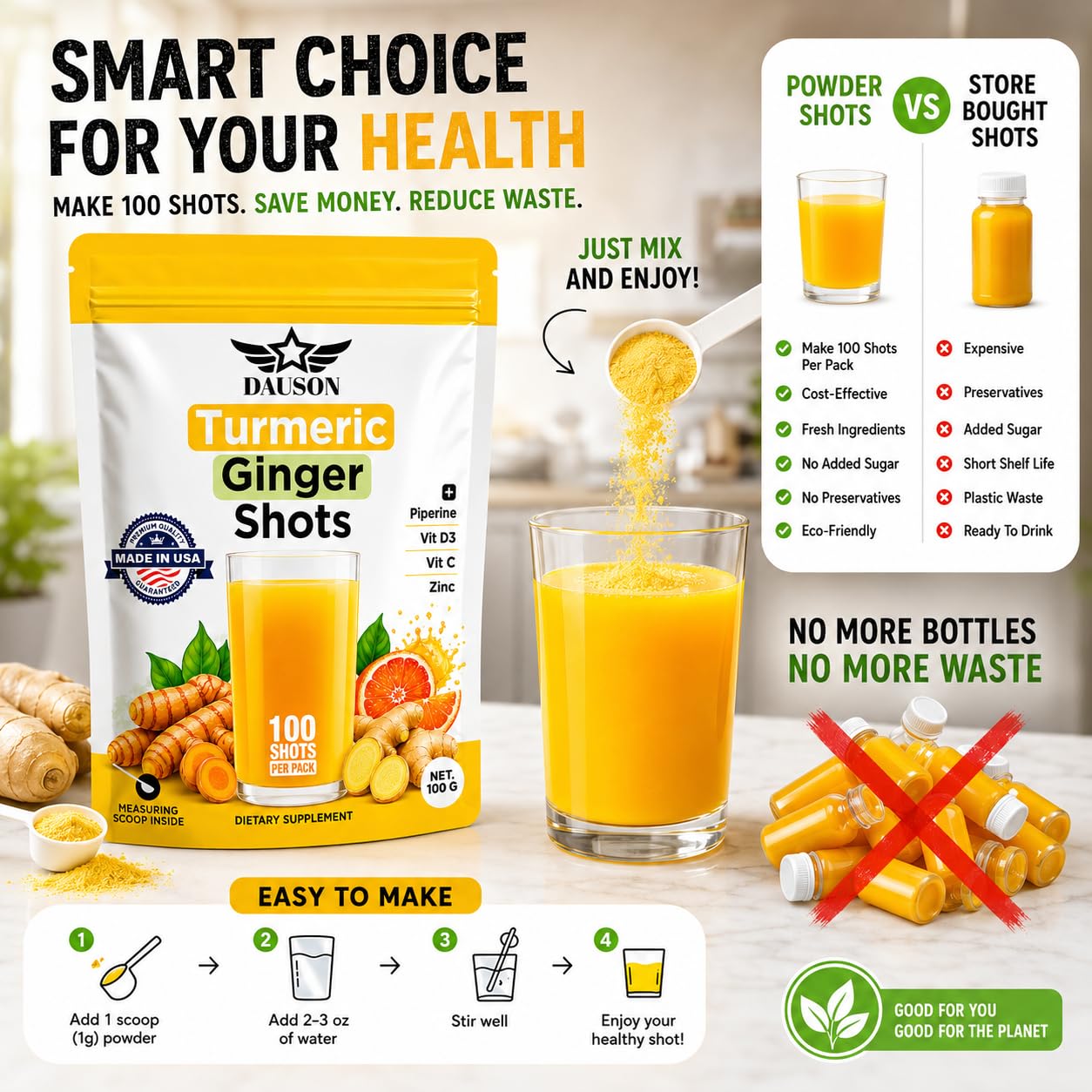 DAUSON Turmeric Shots for Joint Pain, Immune Boost, Gut Health Powder 100 Servings