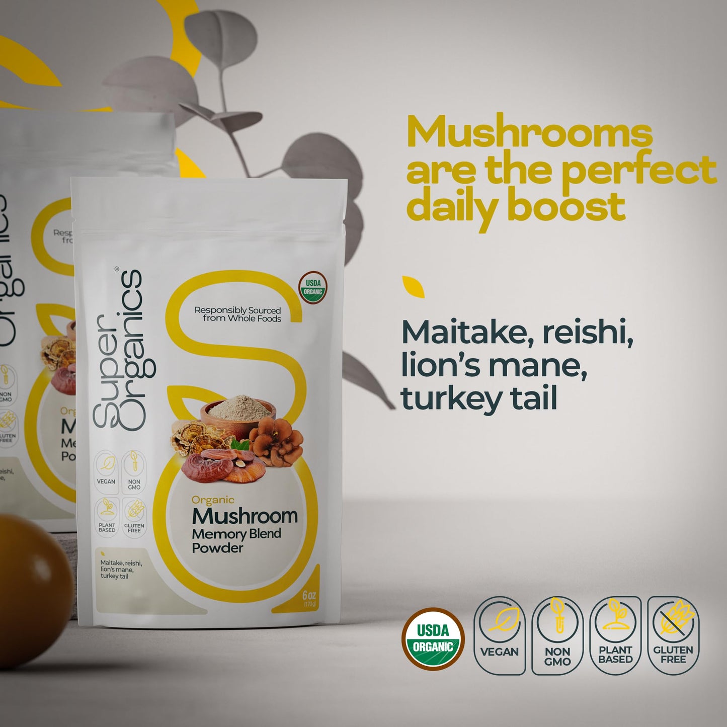 Super Organics Mushroom Memory Blend Powder – Organic Superfood Mushroom Supplement with Lion’s Mane, Reishi, Maitake & Turkey Tail, Vegan Adaptogenic Powder, 6 oz