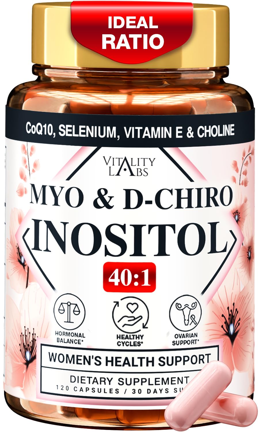 Vitality Labs Myo-inositol & D-chiro Inositol Supplement for Women - Ideal 40:1 Ratio Complex for Fertility, Hormonal Balance, Menstrual Cycle & Ovarian Health Support with CoQ10, Choline & Selenium Capsules 120