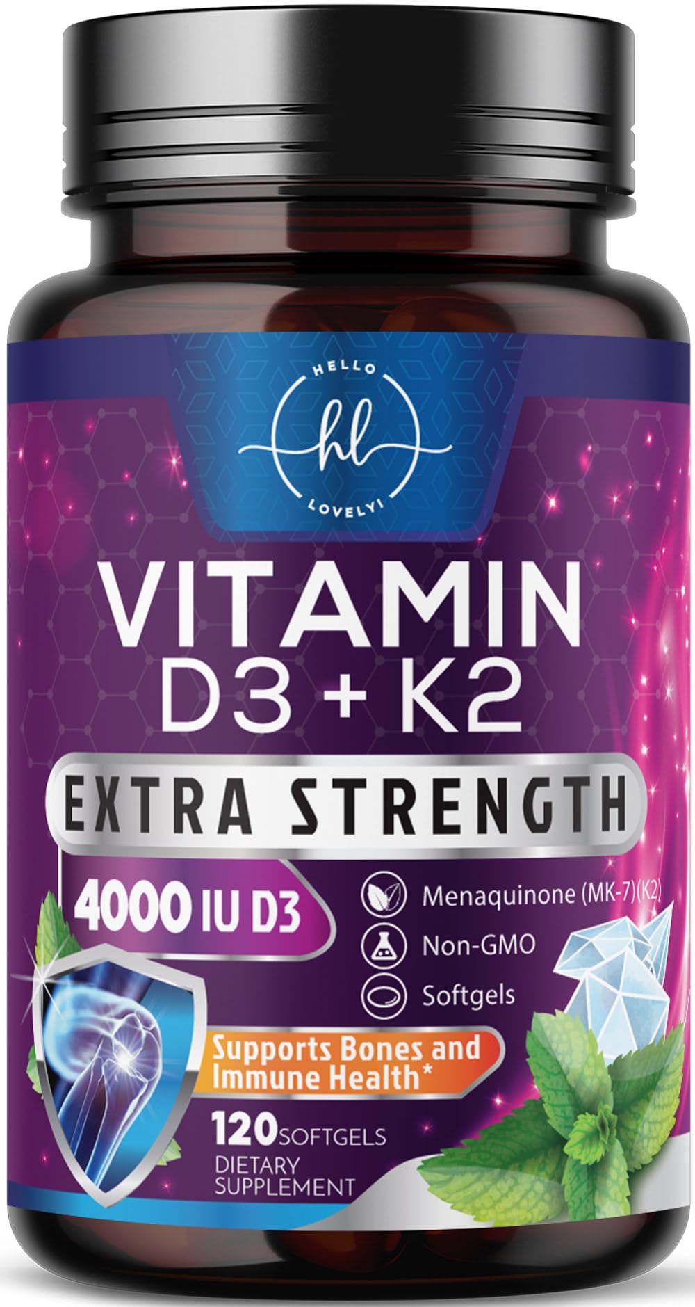 Hello Lovely! Vitamin D with K2 (MK-7) D3 4000IU (125mcg) Per Serving Softgels 120