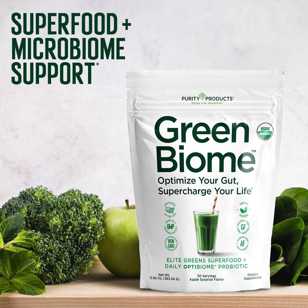 Purity Products Green Biome Elite Organic Greens Superfood + Daily OptiBiome Probiotic, Powder, 12.82 Ounce