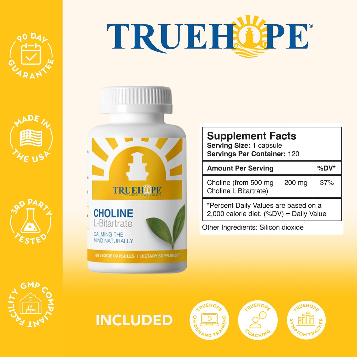 Truehope Choline L-Bitartrate Brain & Liver Support Supplement – High Absorption from Natural Bitartrate Form | Cognitive Function & Memory, Capsules 120