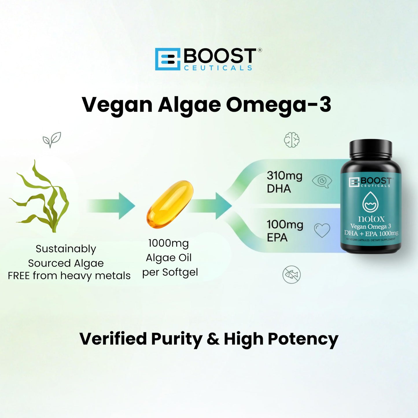 BoostCeuticals Vegan Omega-3 Algae Oil DHA 410mg No Fishy Aftertaste Vegan SoftGel, 60 SoftGels