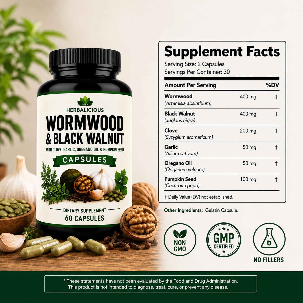 HERBALICIOUS Wormwood Black Walnut Clove Parasite Cleanse 60 Capsules