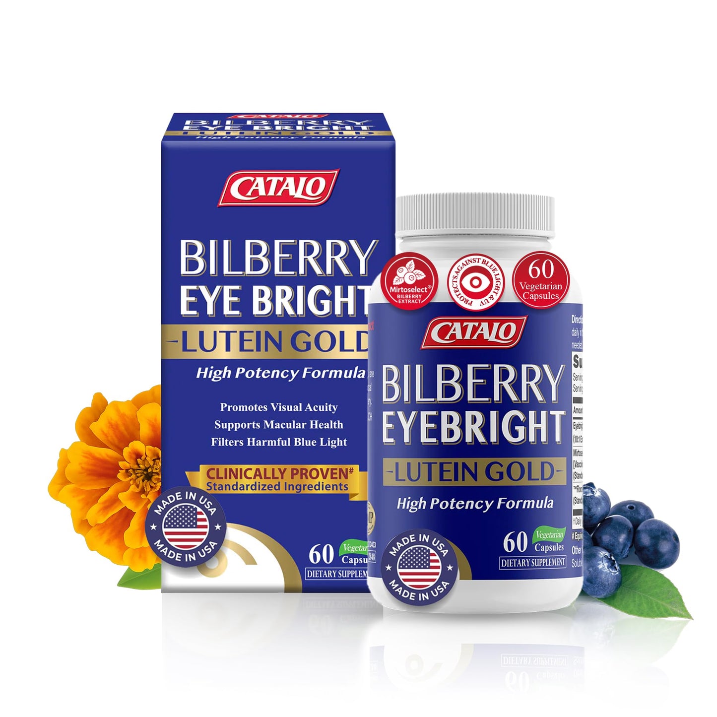 CATALO Bilberry Eyebright Extract Gold Eye Vitamins with Bilberry Lutein and Zeaxanthin, 60 Capsules