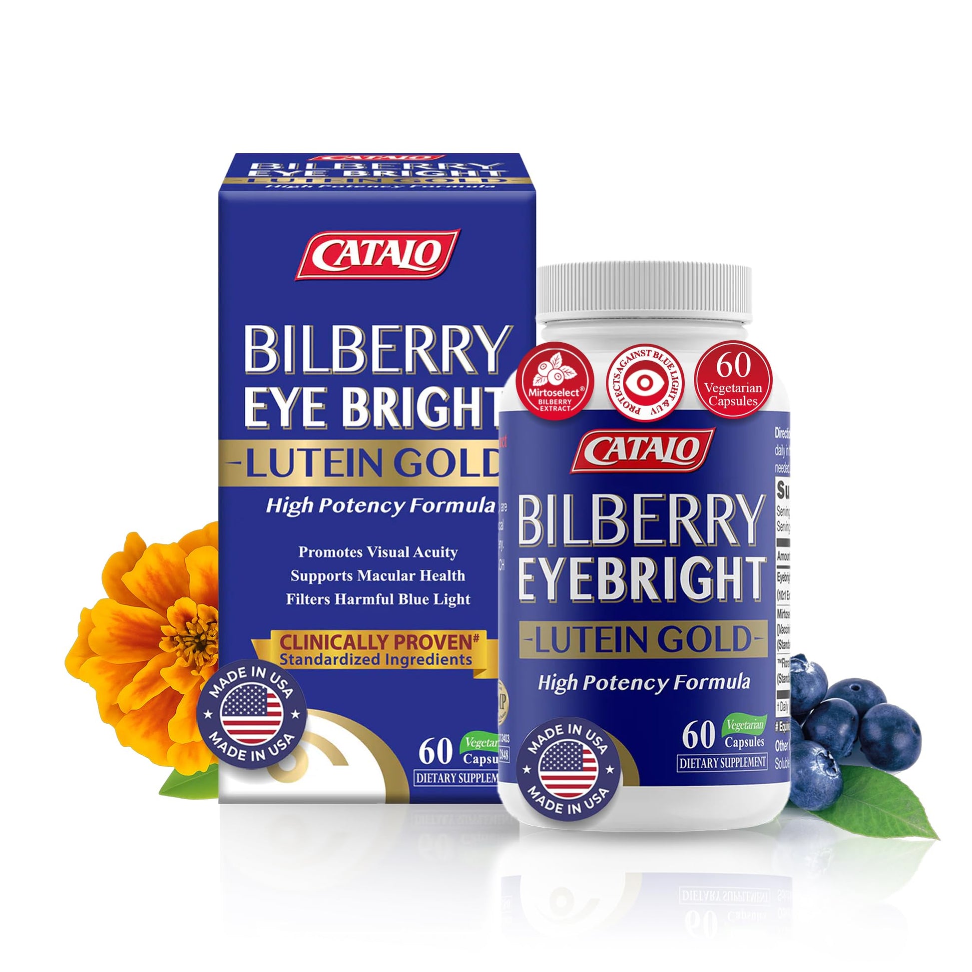 CATALO Bilberry Eyebright Extract Gold Eye Vitamins with Bilberry Lutein and Zeaxanthin, 60 Capsules